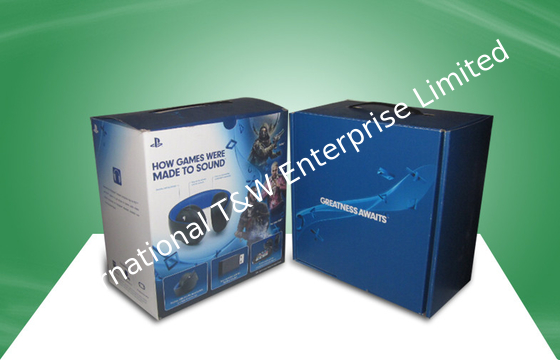 سعر جيد Blue Strong Corrugated  Paper Packaging Boxes With Plastic Handle For Ear - phone الانترنت